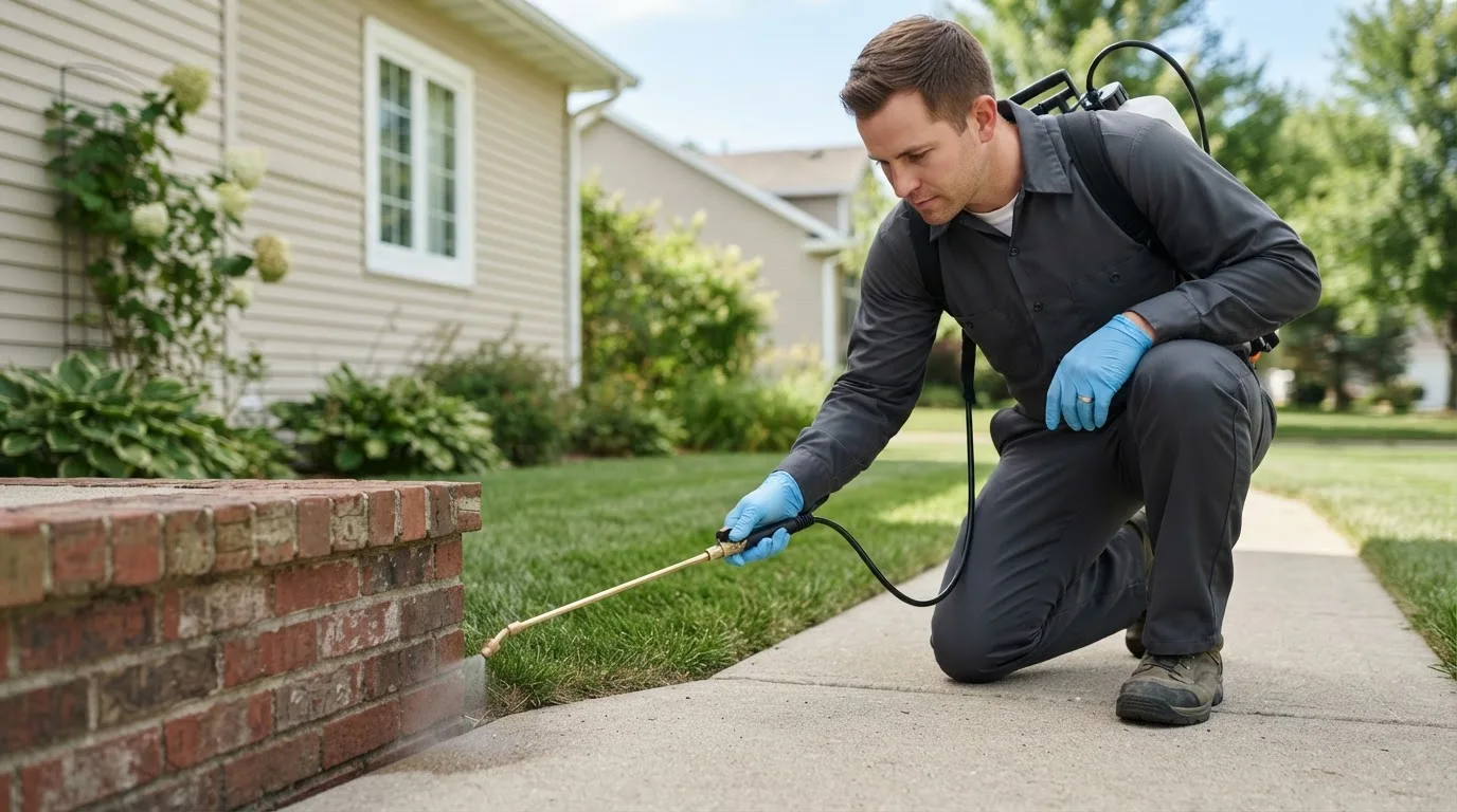 Pest control technician treating a home near Goode, VA