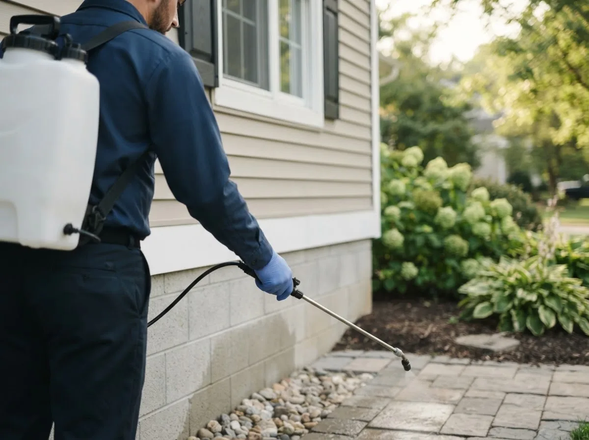 Pest control technician inspecting a home in Goode, VA